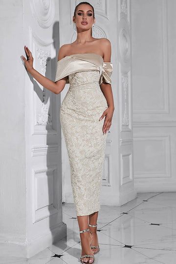 Abrikos Off the Shoulder Appliques Sheath Aftenkjole